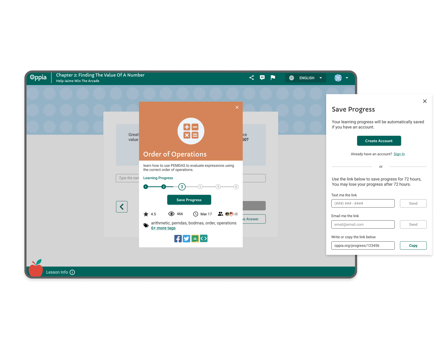 The lesson info modal brings progress and saving together